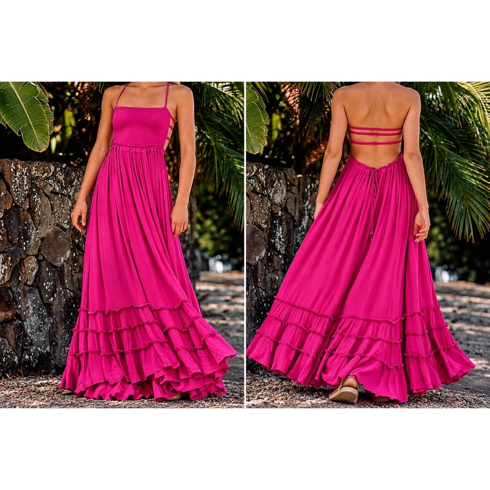 Free People Extratropical Maxi Dress Magenta Pink Smocked Tiered Ruffle Boho M